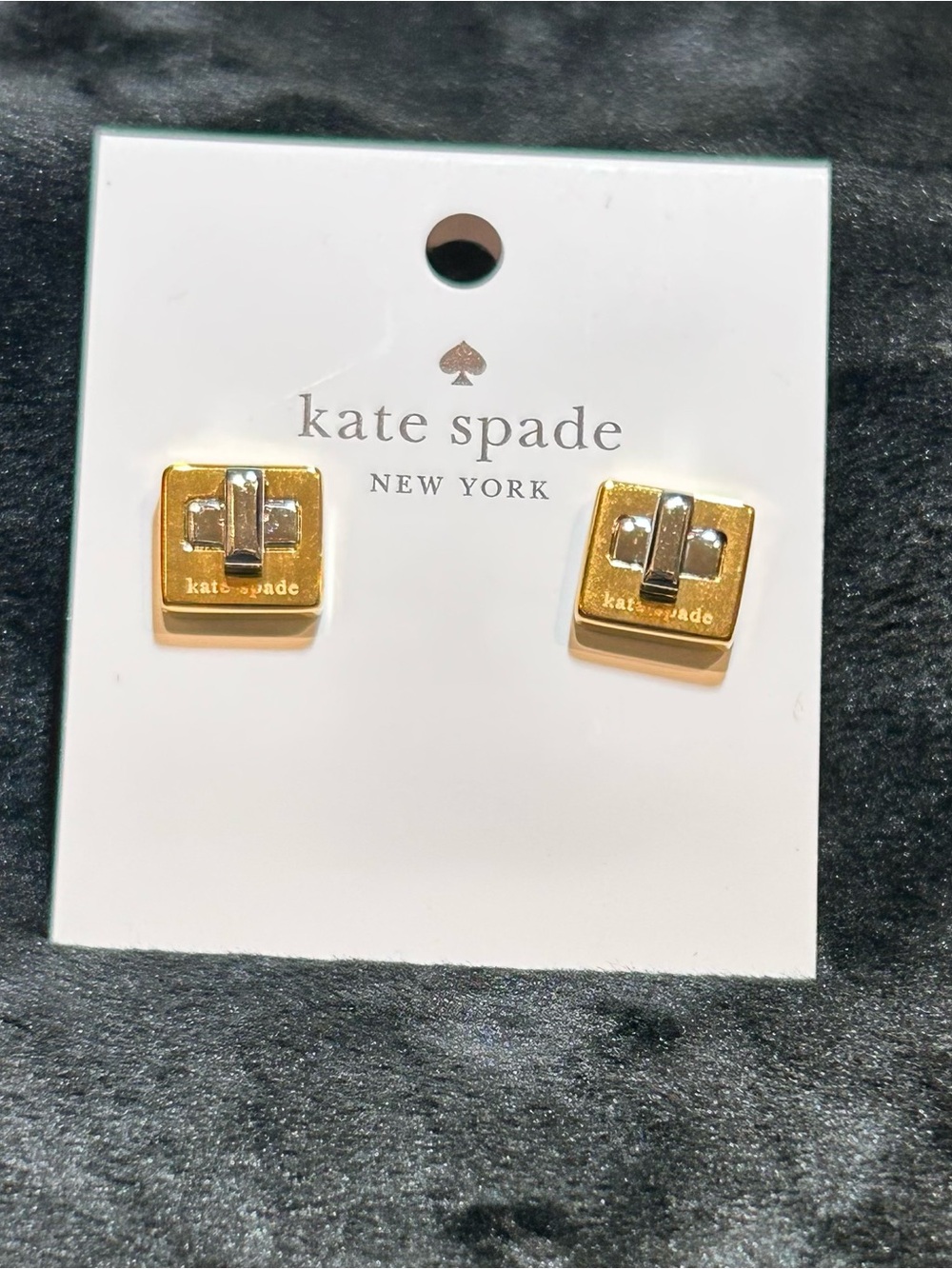 kate spade gold-tone square logo buckle stud earrings